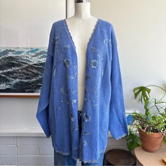 Extra Touch Women's Cardigan in Blue with Floral Embroidery - Picture 8 of 9